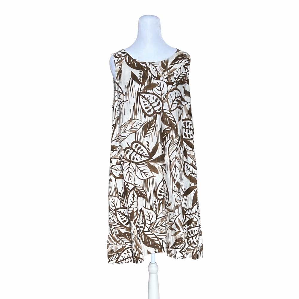 Tahari Women's‎ 100% Linen Sleeveless Leaf Print Midi Shift Dress Pockets Large